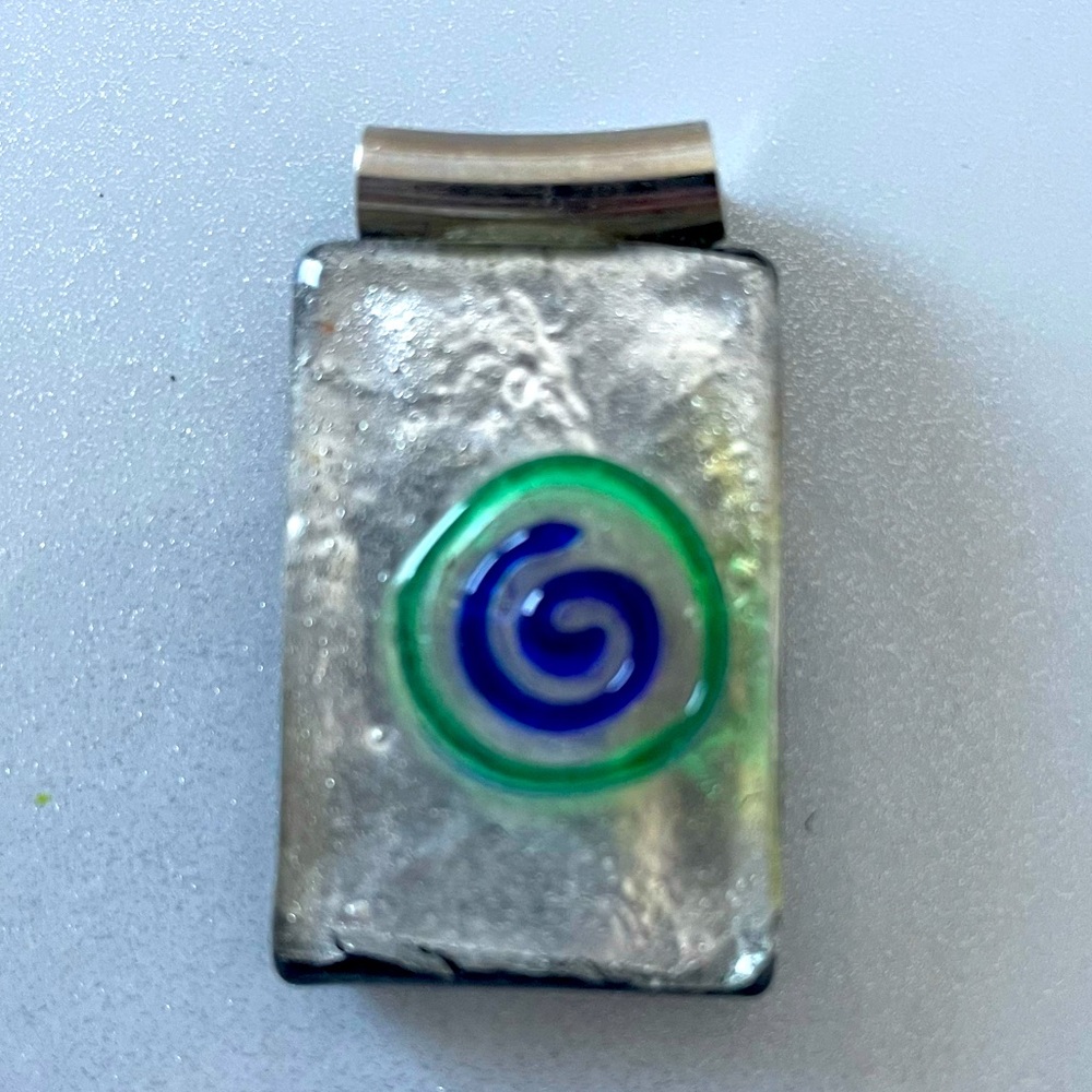 Glass Pendant for Necklace Bracelet Keychain Silver Blue & Green Tribal Pattern